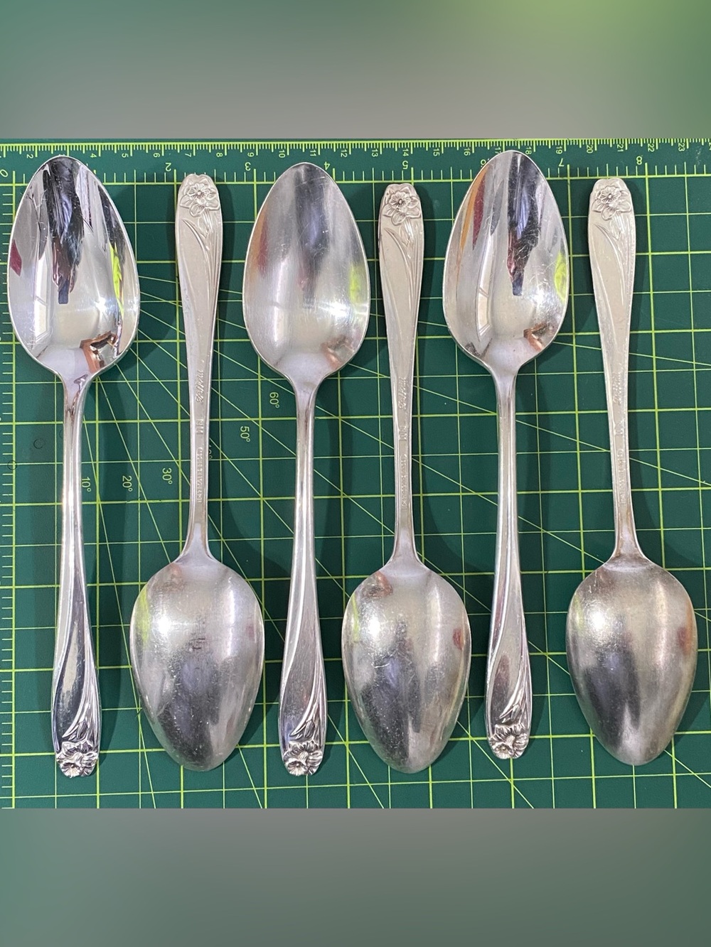 6 Vintage Daffodil 1847 Rogers Bros IS Silver Plated Dinner Spoons Not Sterling